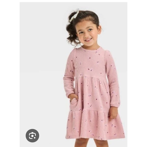 Cat & Jack Girls Waffle Knit Long Sleeve Tiered Dress 4T - Picture 1 of 6